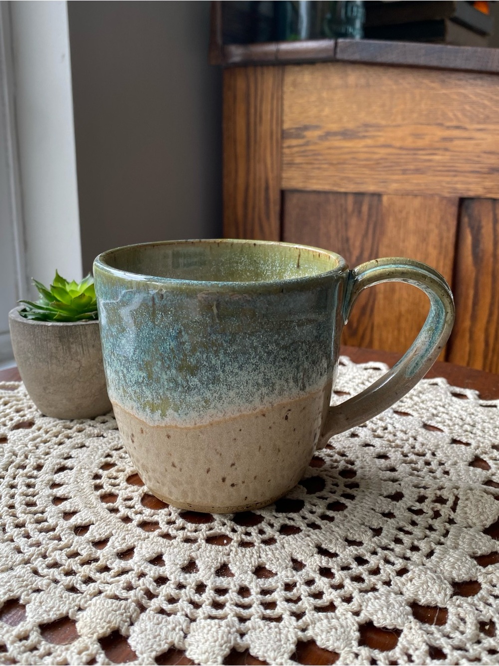 Handmade Pottery Rustic Green and Cream Ceramic Coffee Mug EUC